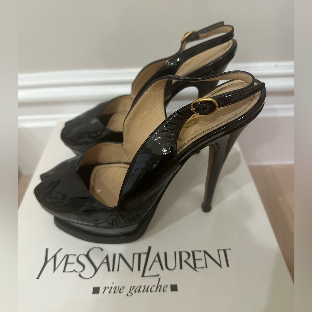 YSL Yves Saint Laurent Tribute 105 Slingback Patent Leather Sandals 36.5 6.5